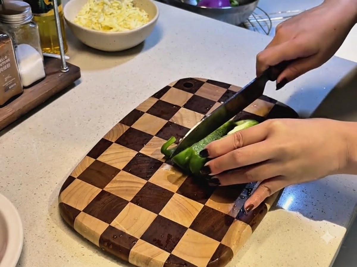 A kitchen knife slicing a fresh green bell pepper on a wooden checkerboard cutting board.