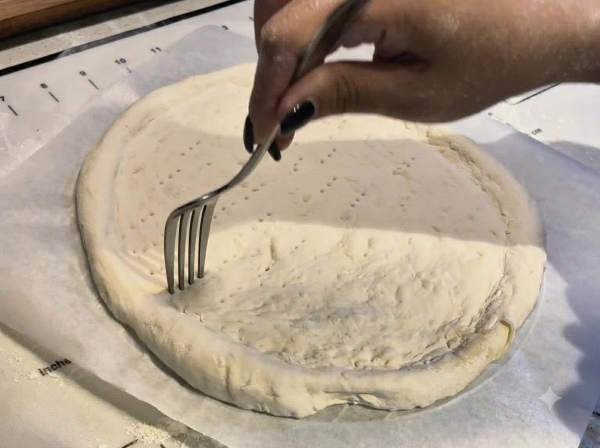 A hand using a metal fork to poke small, even holes across the center of a stretched pizza crust.