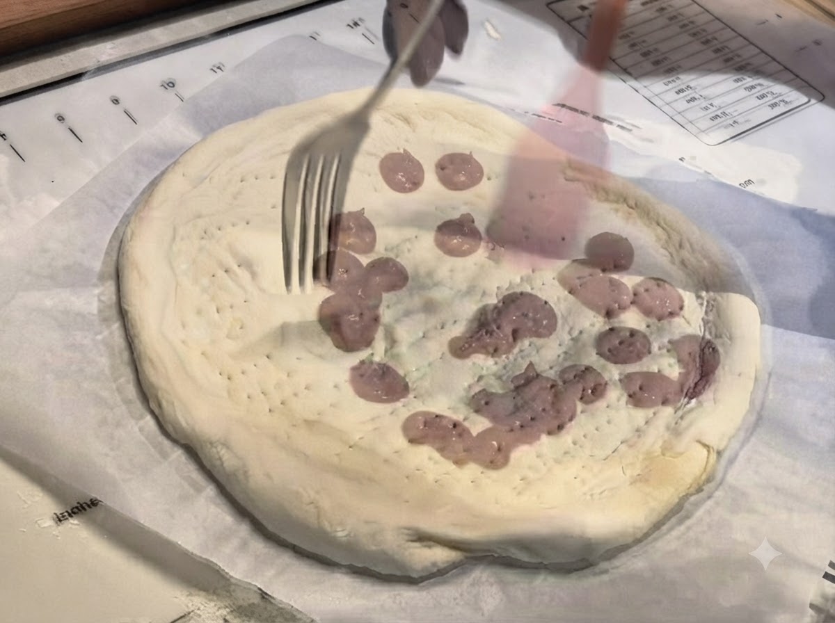 A pink silicone spatula spreading dots of pizza sauce smoothly across the center of the pizza dough.