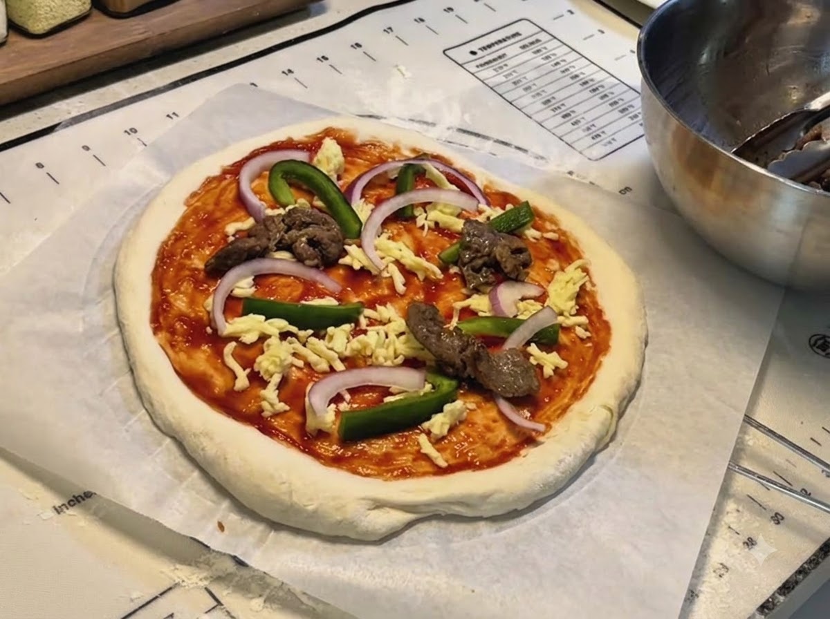 A pizza base topped with pizza sauce, shredded cheese, green pepper strips, red onion slices, and cooked beef pieces.