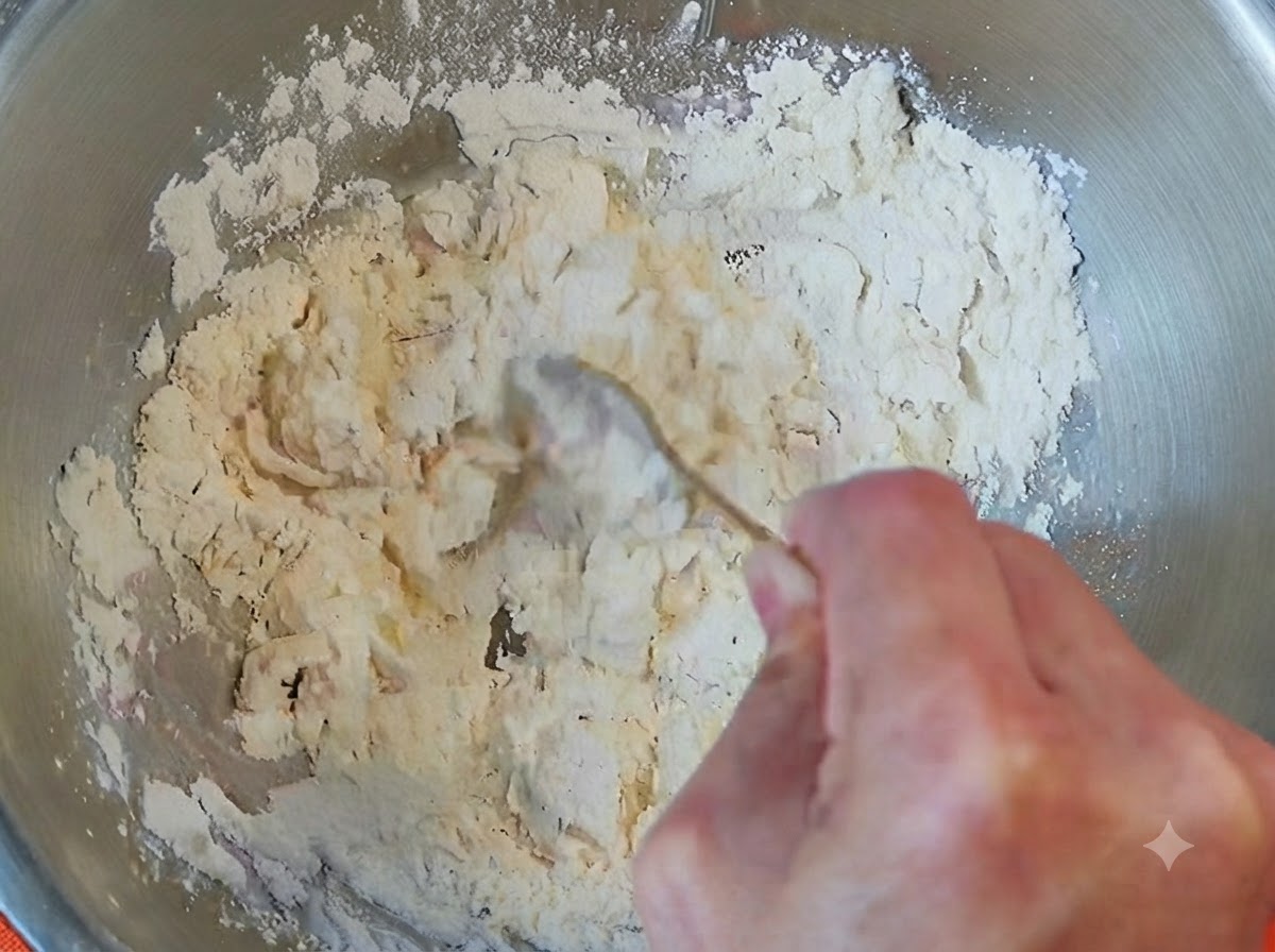 A hand stirring flour and warm water in a metal bowl to form small dough flakes.