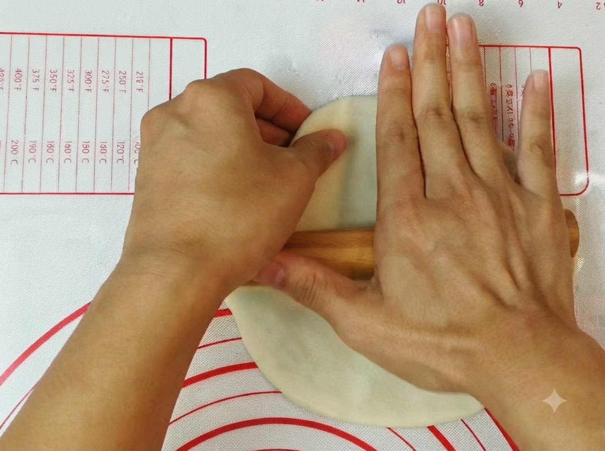 Hands using a wooden rolling pin to flatten and shape pizza dough on a silicone mat.