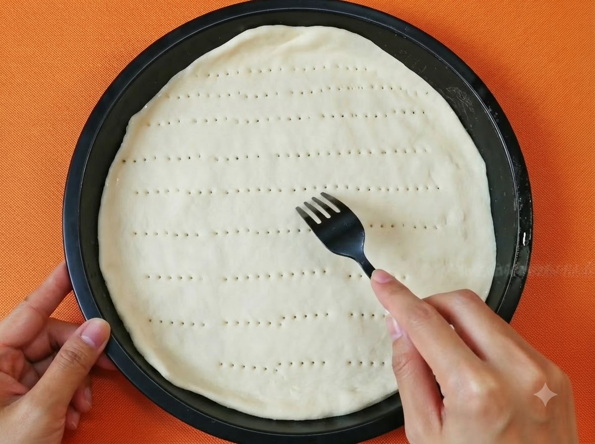 A hand using a black plastic fork to pierce small holes across the flat white pizza dough inside a black pan.