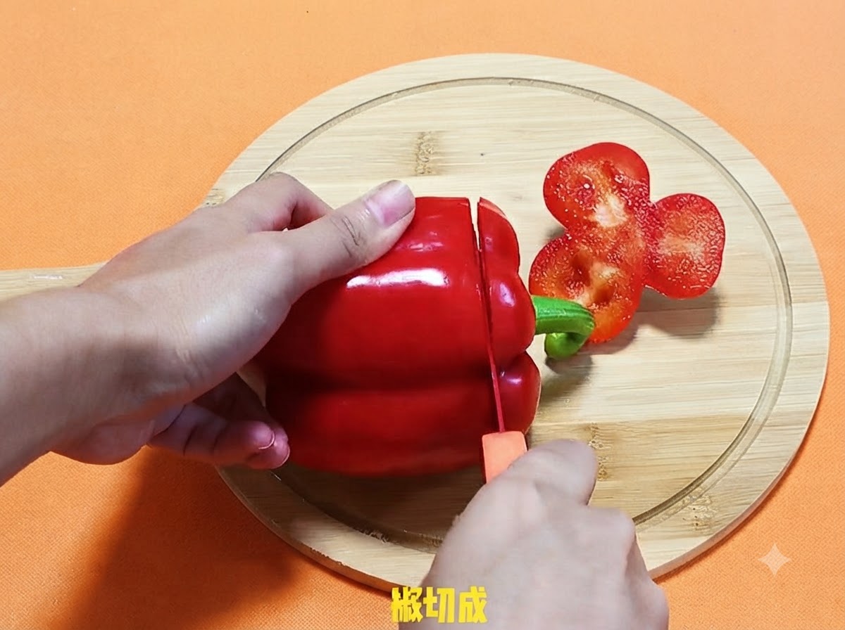 A person slicing a large red bell pepper on a round wooden cutting board with a small orange-handled knife.