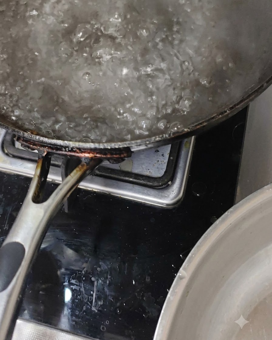 A pot of boiling water on the stove actively bubbling during the cooking process.