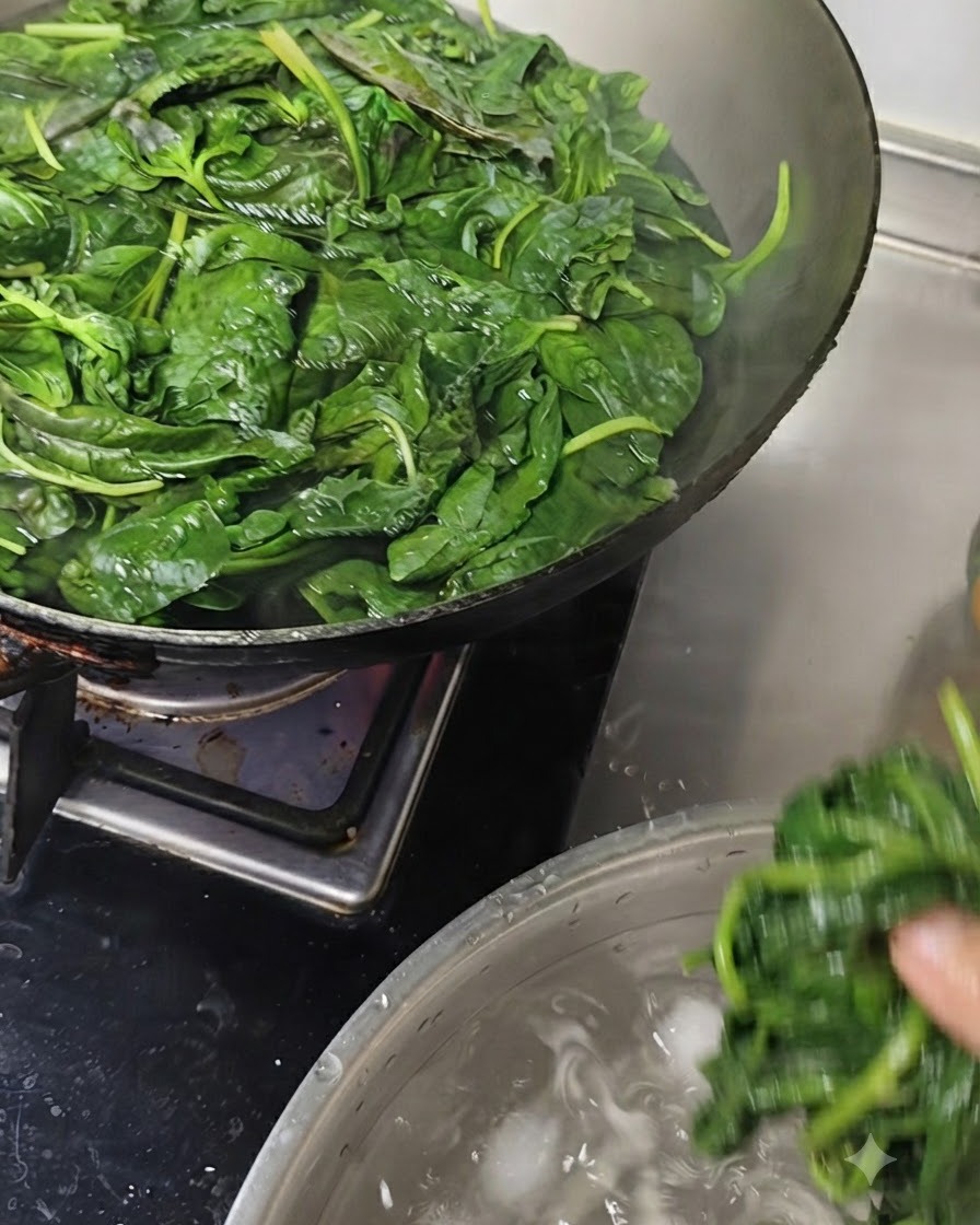 Basil leaves being immersed into a cold bowl of water containing ice cubes.