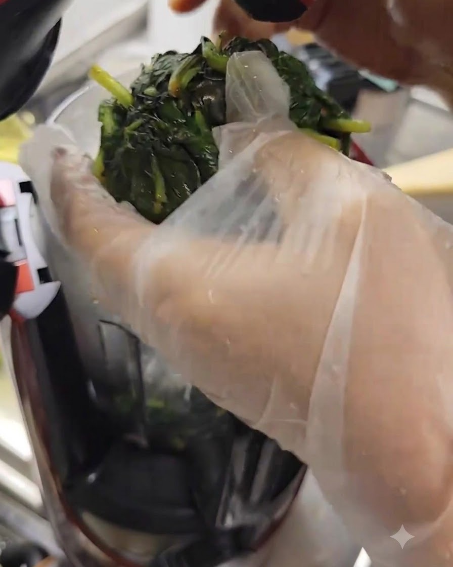 Gloved hands squeezing a ball of wet basil leaves tightly to drain the liquid.
