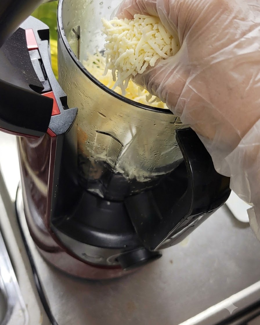 A gloved hand adding freshly grated cheese into the blender jar containing basil.