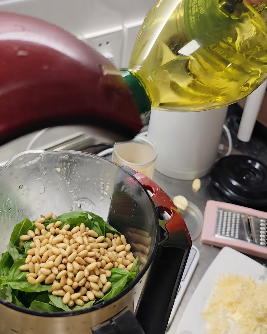 Olive oil being poured from a bottle into the blender containing basil leaves and pine nuts.