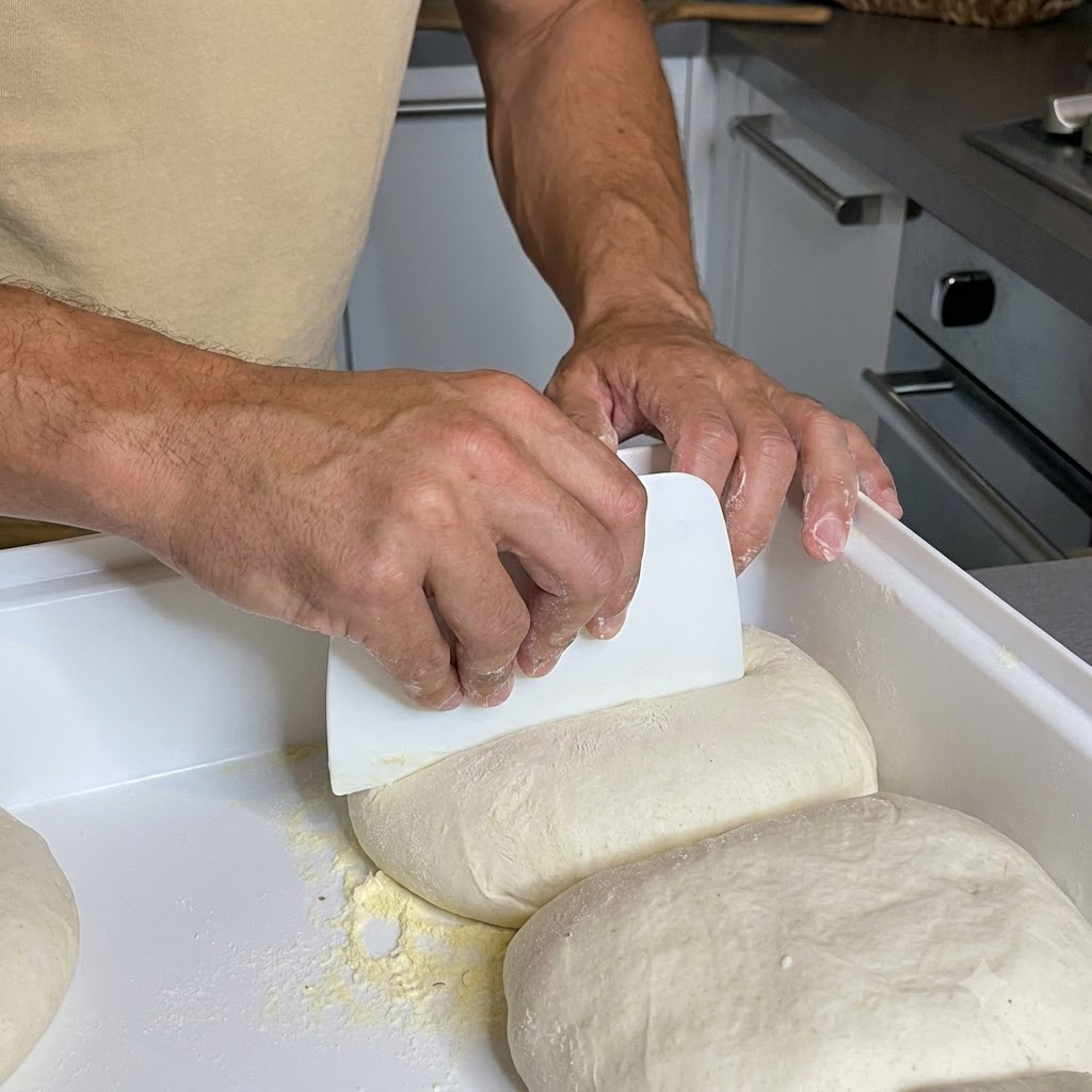 A person lifting a ball of pizza dough with a bench scraper from a white container onto a cornmeal-covered surface.