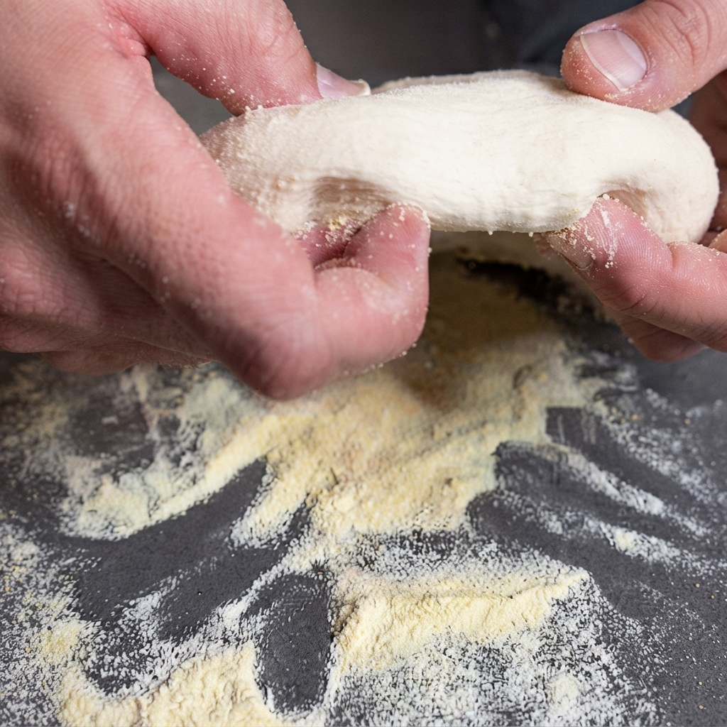 Close-up of hands stretching a round piece of pizza dough on a dark countertop sprinkled with cornmeal.