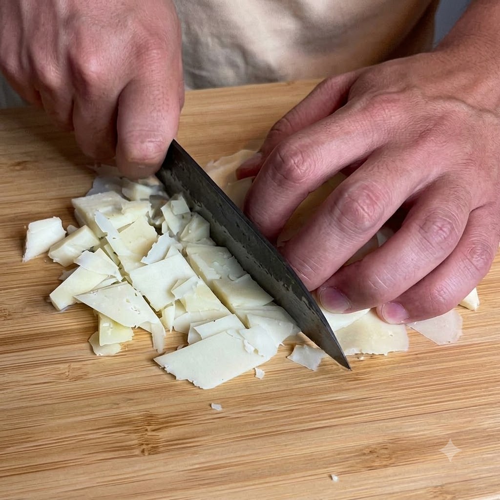 A knife slicing cheese on a wooden cutting board with pieces ready to be blended.