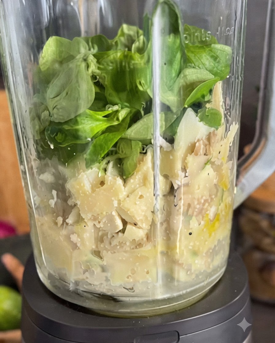 Vibrant green pesto sauce pouring from a blender pitcher into a storage jar.