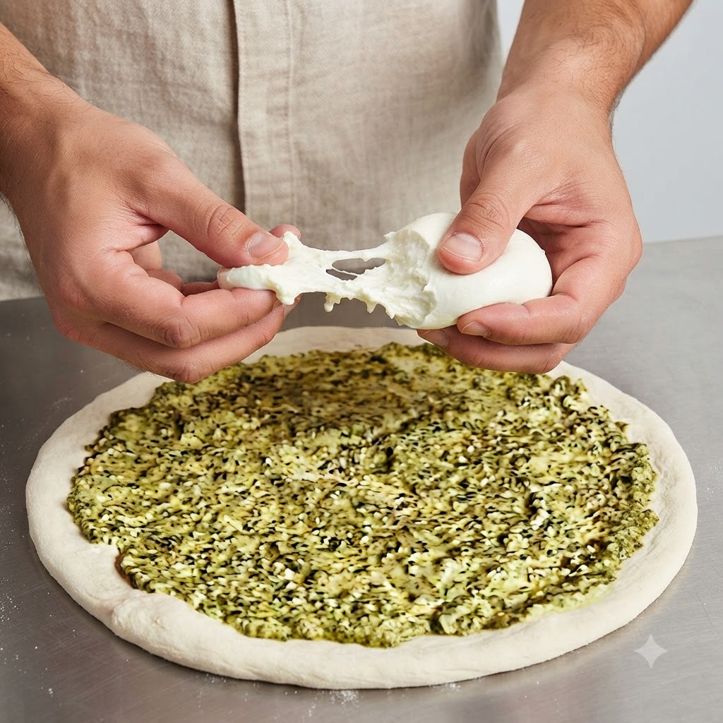 Hands tearing and placing white cheese pieces onto a pesto-covered pizza dough base.