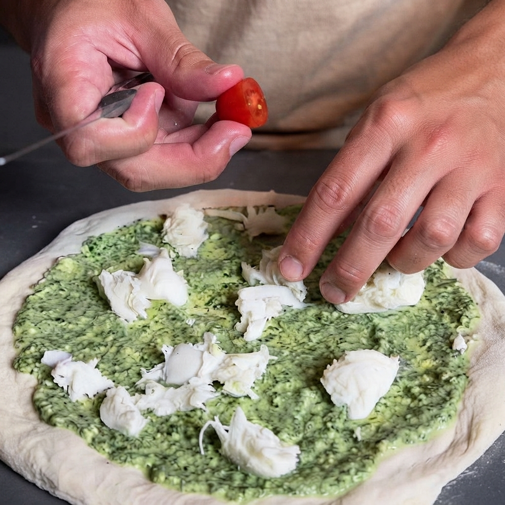 Close-up of hands placing halved cherry tomatoes onto the pizza assembly.