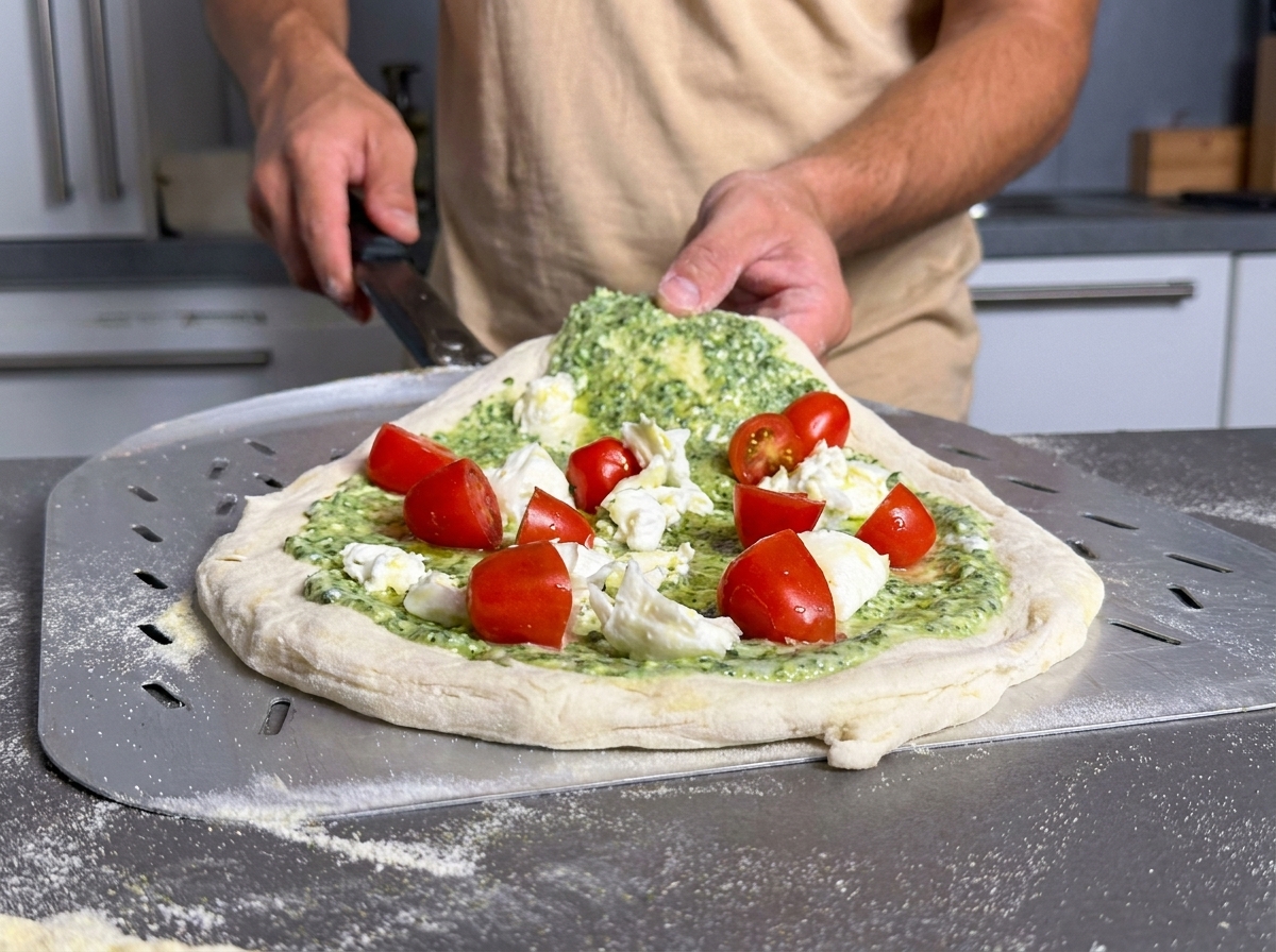 A metal peel carrying the prepared pizza as it is loaded into a hot pizza oven.