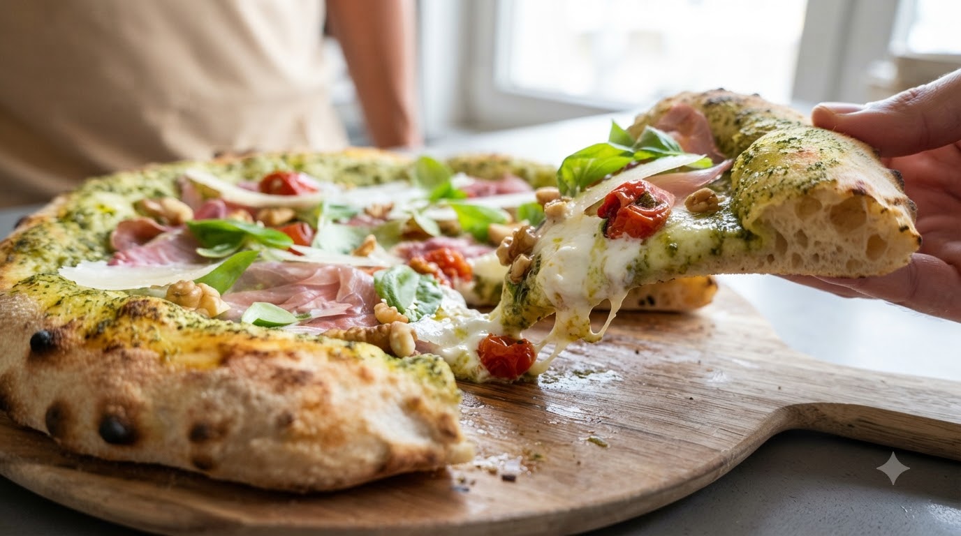 Pesto Neapolitan Pizza with Burrata, Prosciutto, and Walnuts