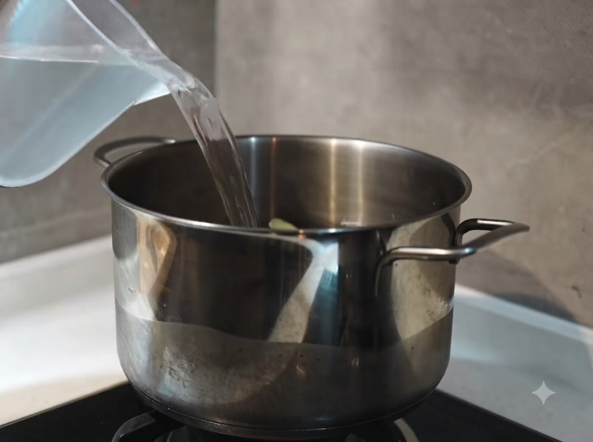 Pouring water from a plastic pitcher into a stainless steel pot filled with raw pork bones, green scallions, and sliced ginger.