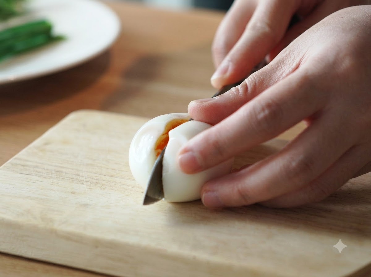 Cutting a peeled soft-boiled egg in half with a knife on a wooden board to display the runny orange yolk.