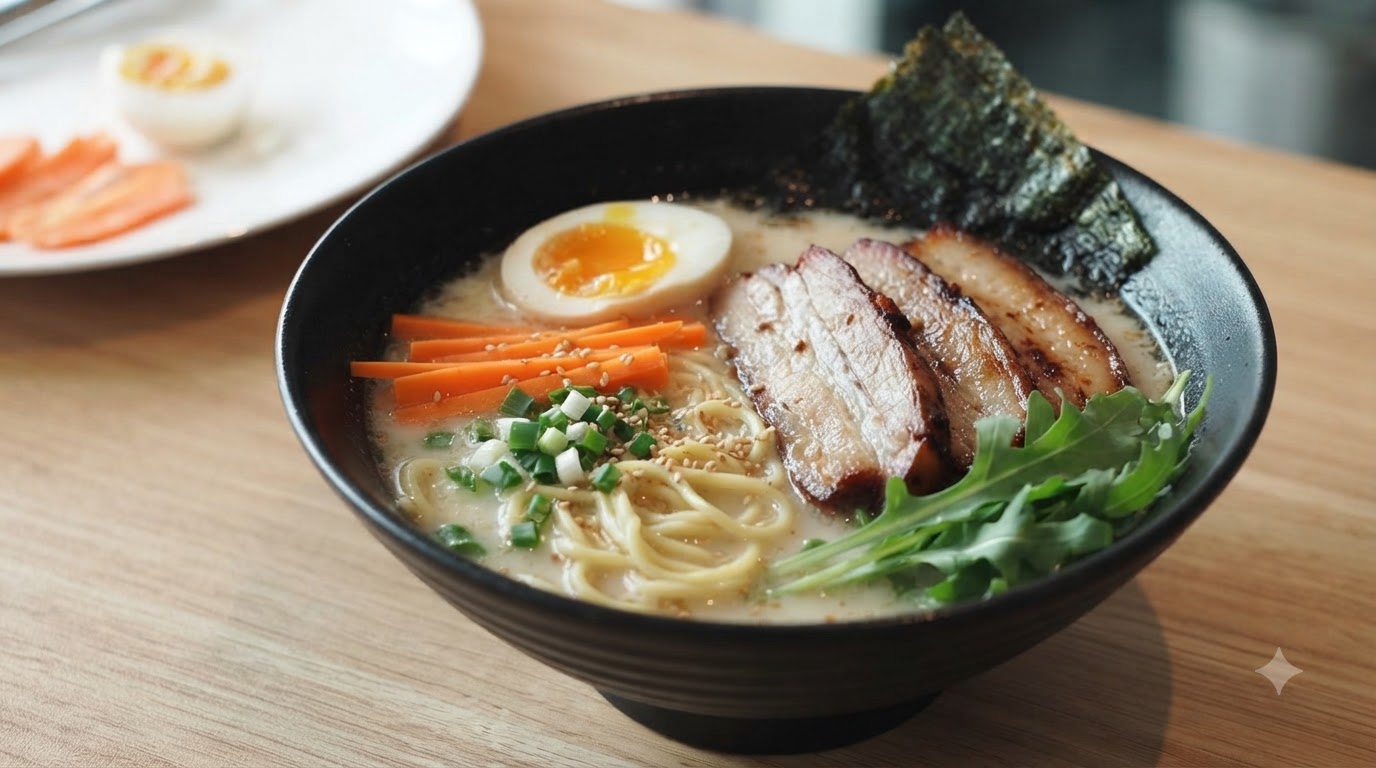 A steaming bowl of black bowl smoked chashu ramen with rich creamy broth, noodles, chashu slices, soft-boiled egg, and fresh toppingscite: 1.