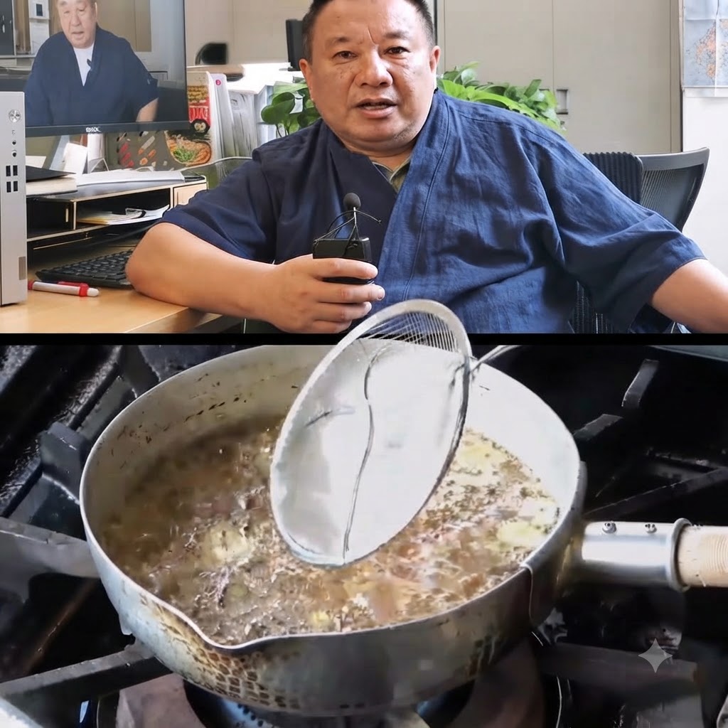 Thin slices of garlic frying in a bubbling oil mixture inside a metal pot.
