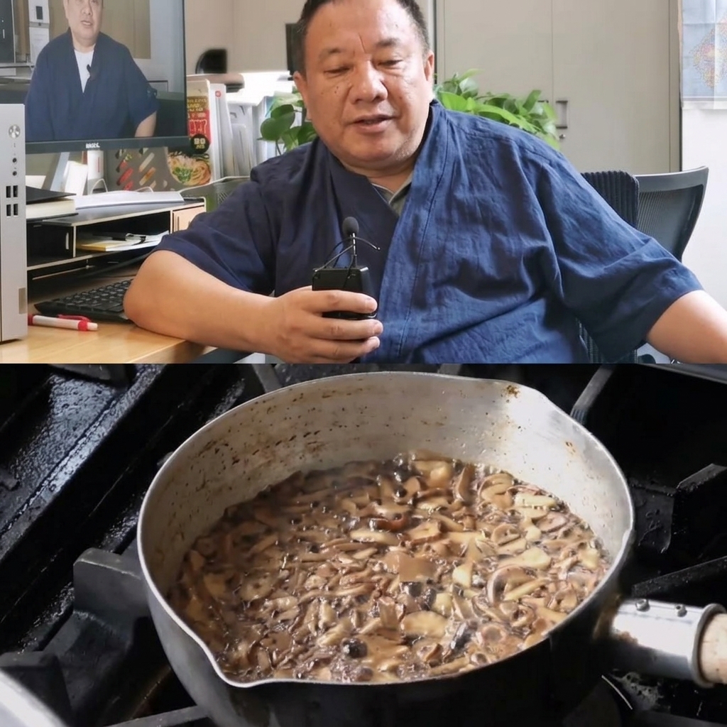 A metal pot containing thinly sliced garlic frying in oil, with a strainer being used to scoop out the portion that has turned dark brown.