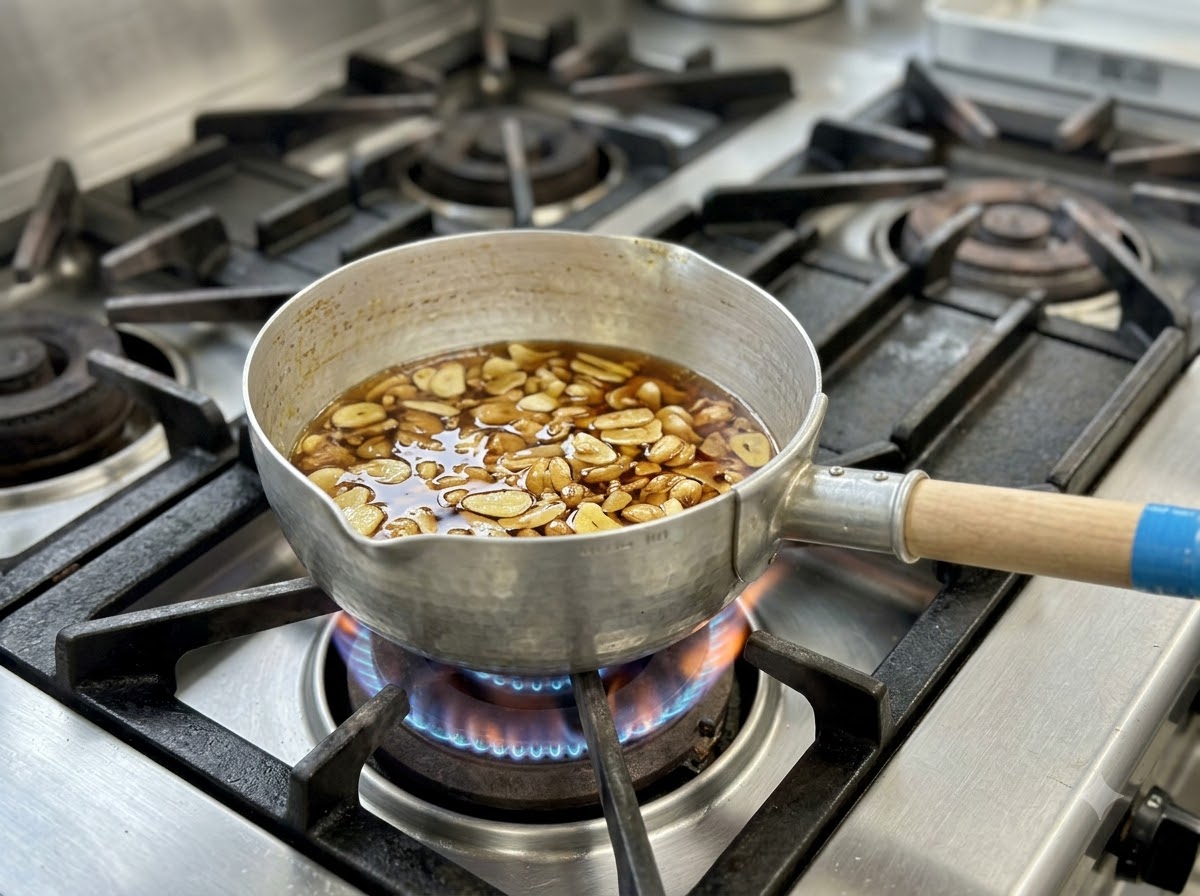 Garlic slices simmering in oil inside an aluminum saucepan over a gas burner.