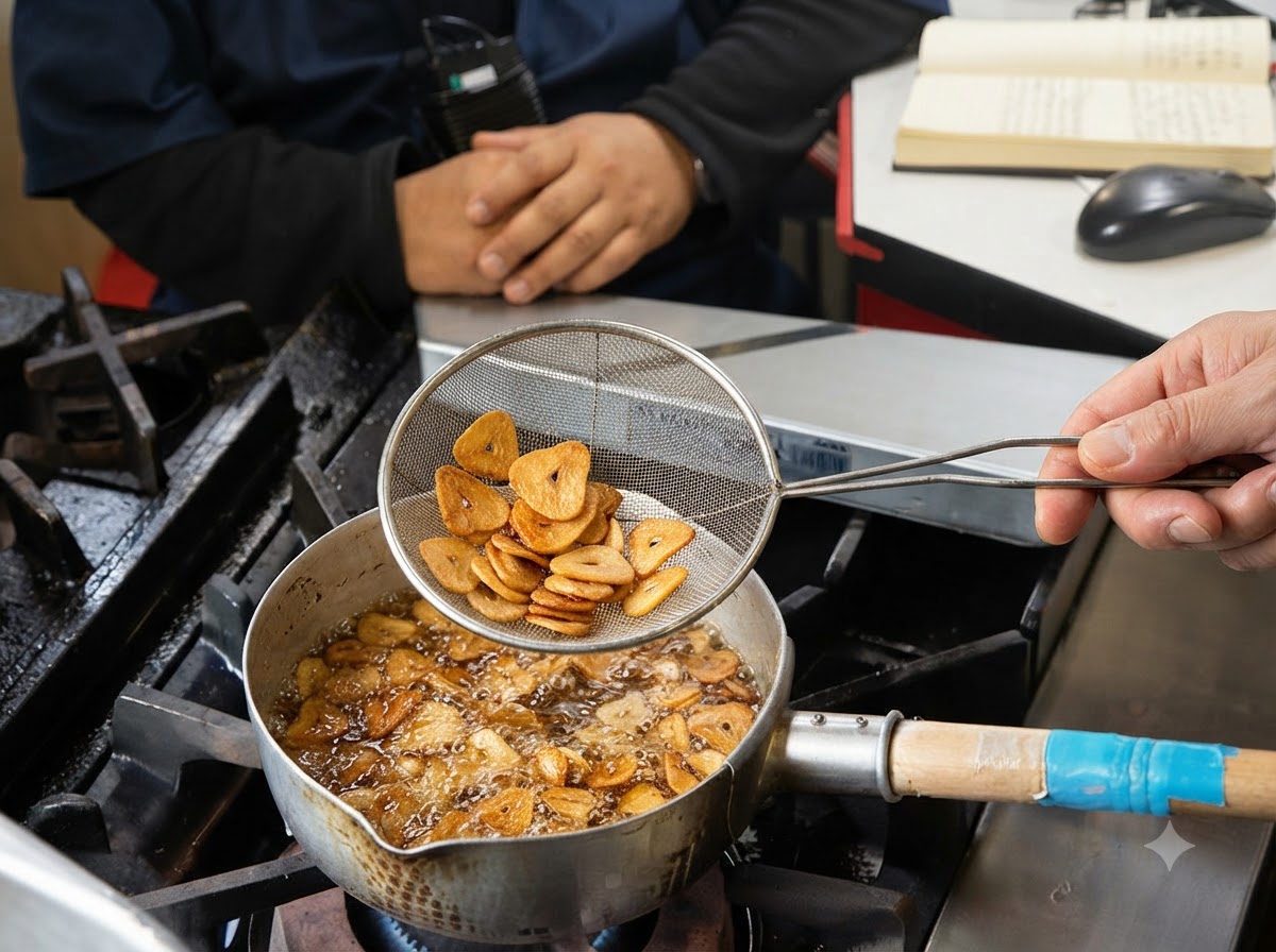 A strainer scooping golden-brown garlic slices out of boiling oil in a saucepan.