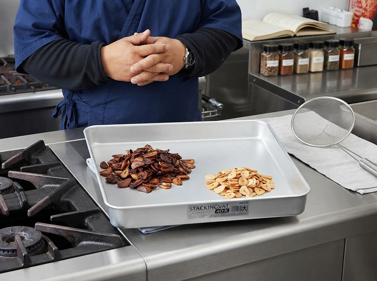A metal tray holding two separate piles of cooked garlic slices of different shades.