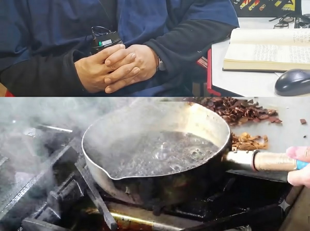 Charred black garlic slices being lifted from dark bubbling oil in a saucepan.