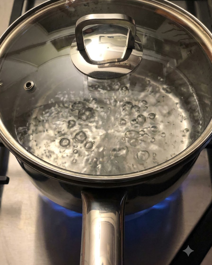 A clear glass lid resting on top of a pot of boiling water actively bubbling on a stovetop burner.