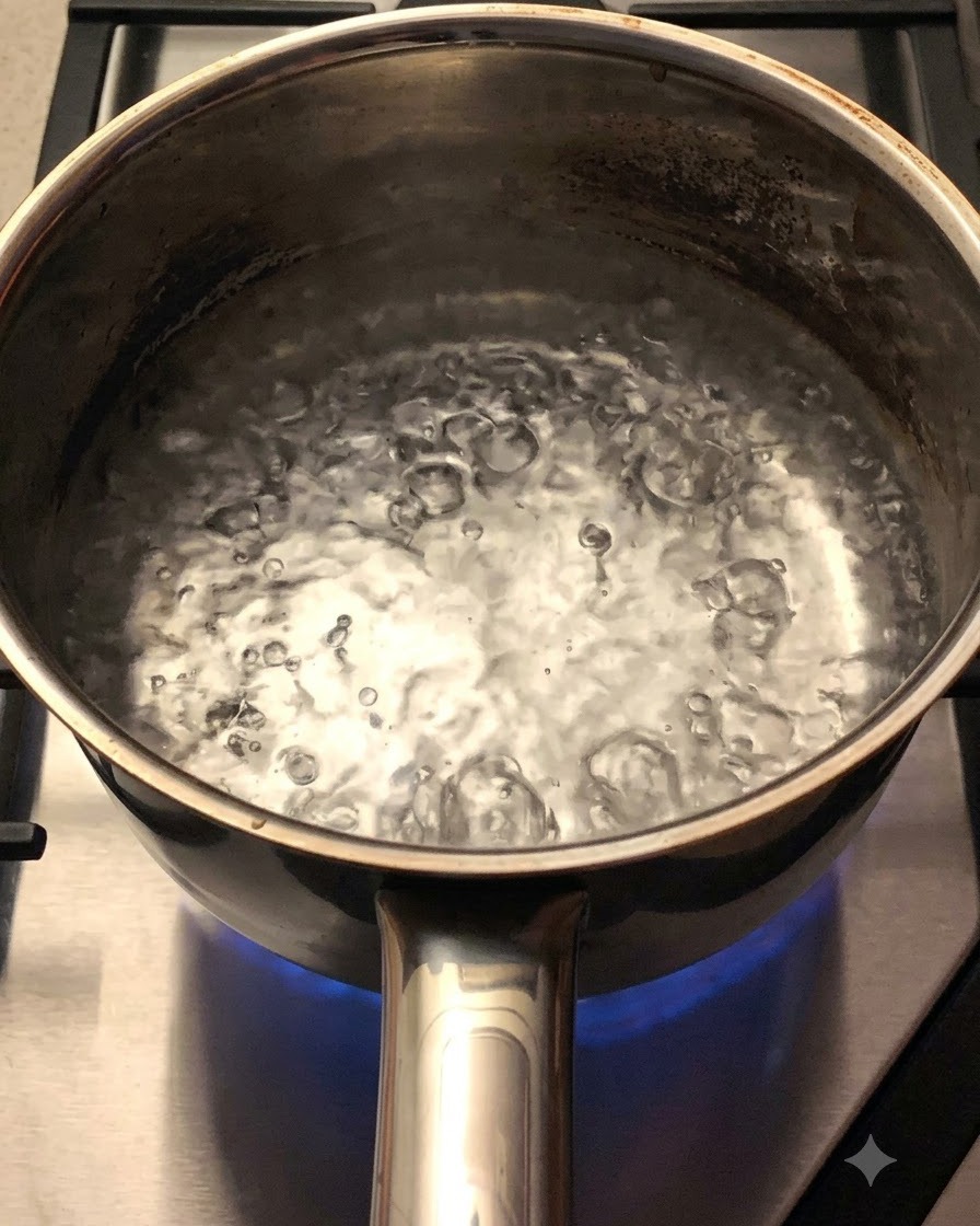 A dried noodle cake boiling inside a pot of hot water on the stove.