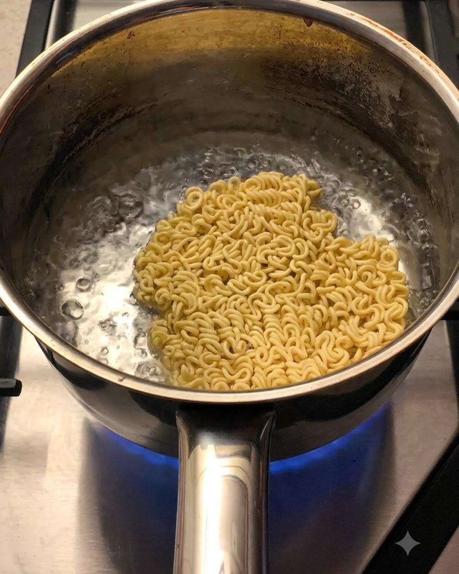 A dried noodle cake boiling in a pot with seasoning and vegetable flakes scattered over it.