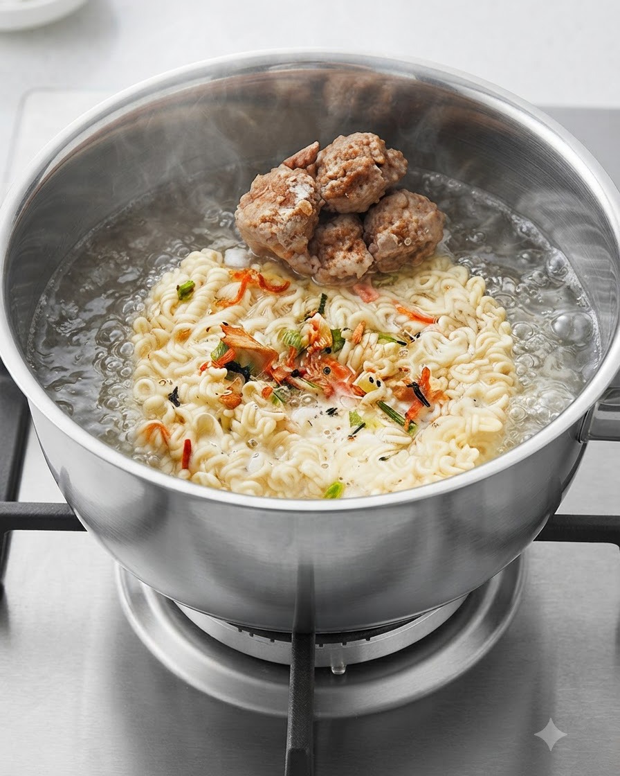 Homemade meatballs resting on top of the noodle cake inside the boiling pot of water.