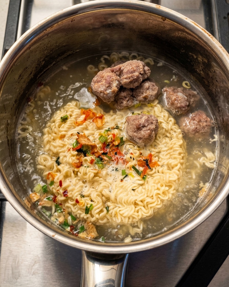 Cubed white tofu added into the pot surrounding the noodles and meatballs.