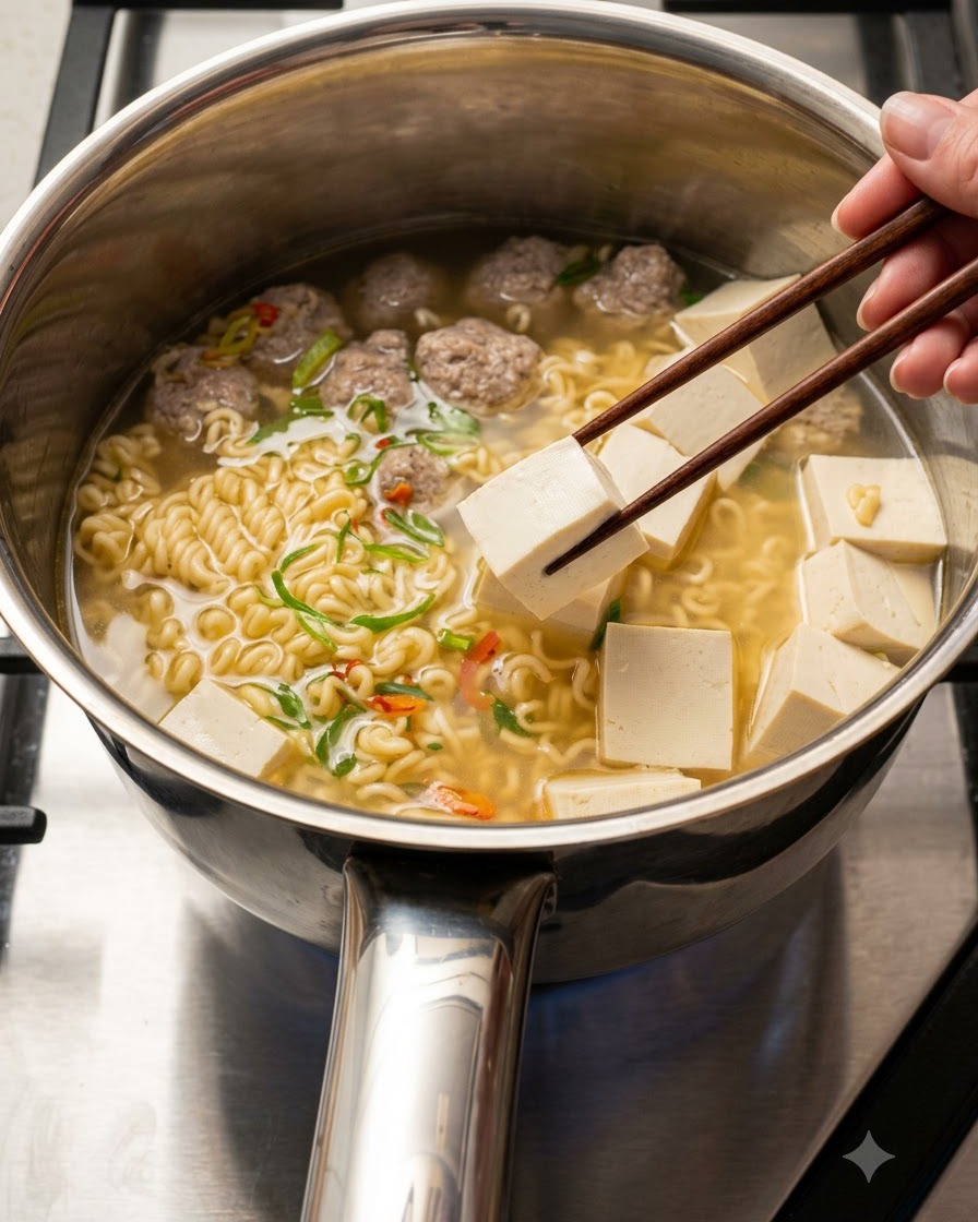 Sliced kimchi being added to the pot of noodles, meatballs, and tofu with chopsticks holding a piece of tofu.
