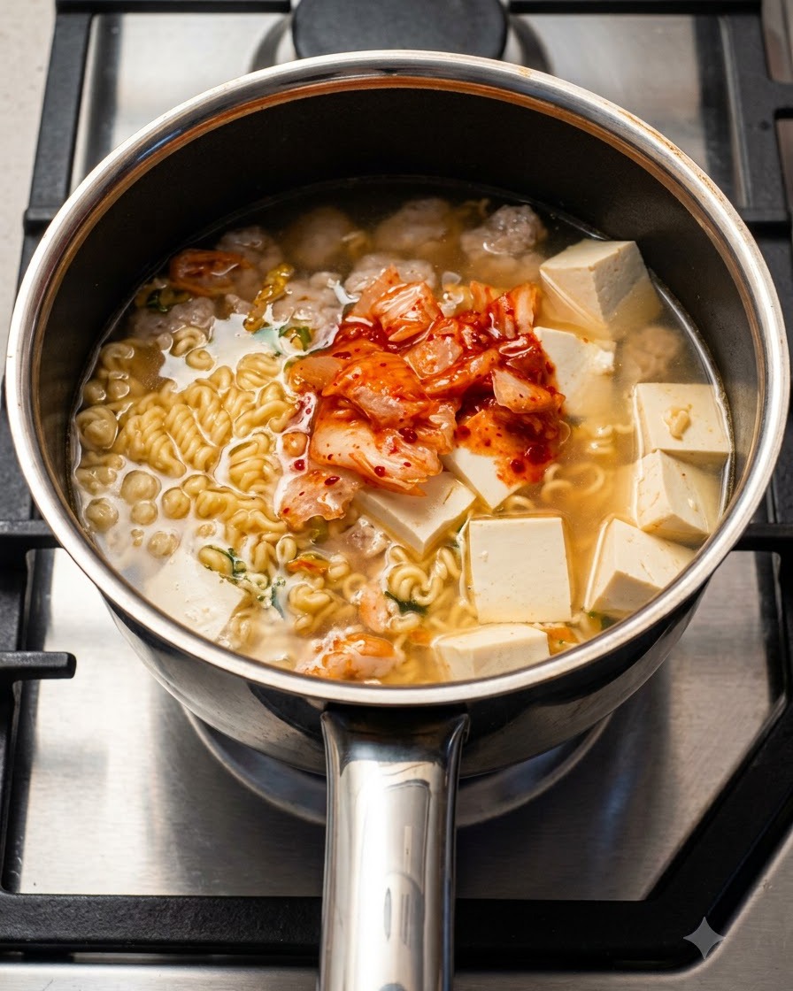 Seasoning powder being sprinkled from a small packet directly into a pot filled with broth, noodles, tofu, and kimchi.