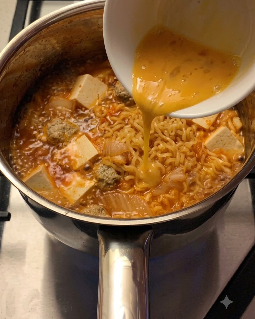 Beaten egg being streamed from a white bowl into the bubbling ramen soup with noodles and tofu.