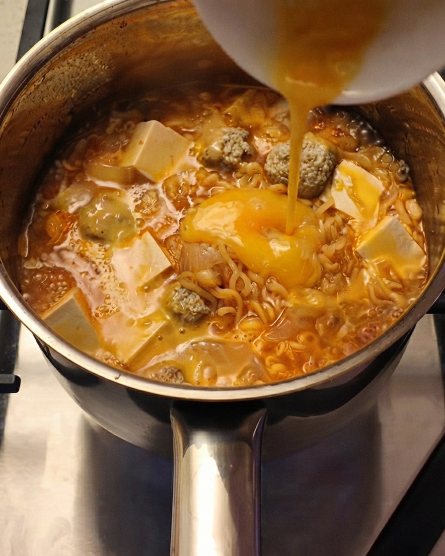 Chopped green onions being scattered over a simmering pot of noodles and egg drop soup.
