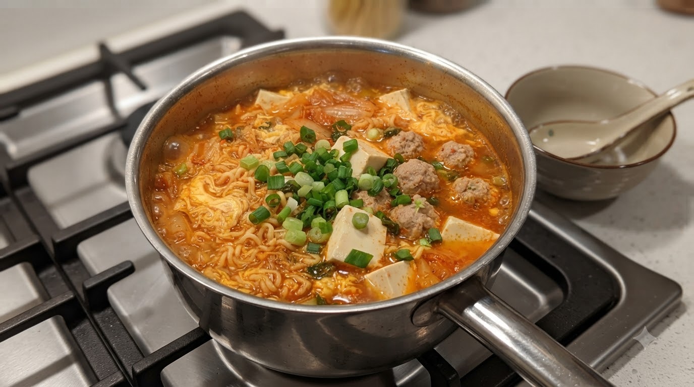 A bubbling pot of kimchi Shin Ramyun loaded with meatballs, soft tofu cubes, egg drops, and fresh green onions