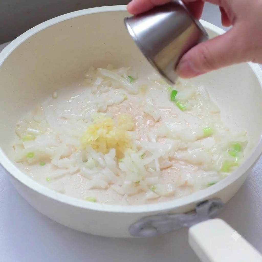 Ground meat being added to the pan with aromatics.
