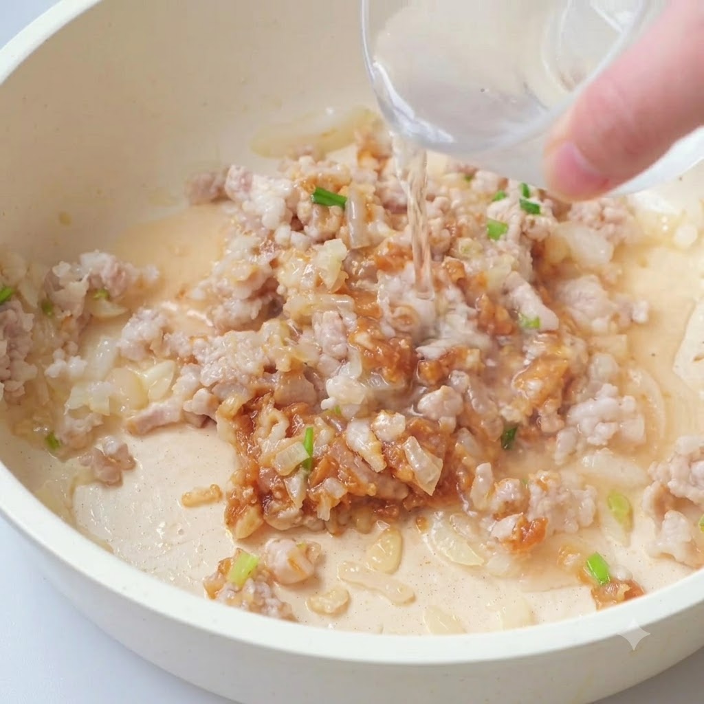 Water being poured into the pan over the meat and sauce mixture.