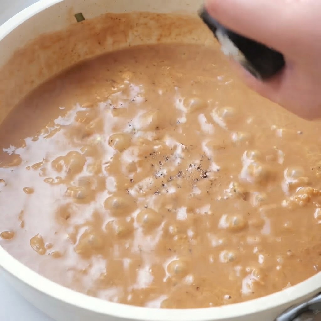 Simmering sauce bubbling in a pan with black pepper sprinkled on top.