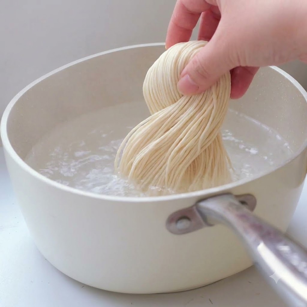 A bundle of ramen noodles being lowered into a pot of boiling water.