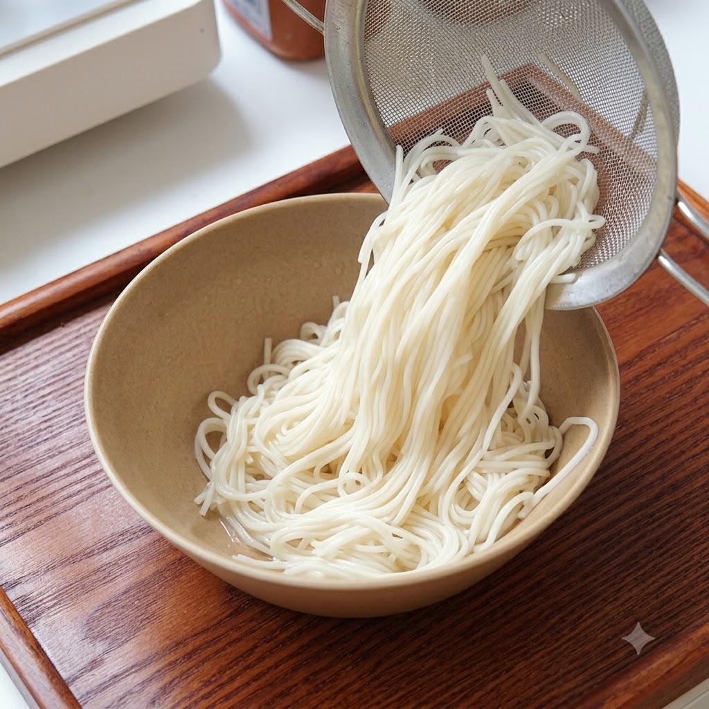 Cooked noodles being poured from a strainer into a bowl.