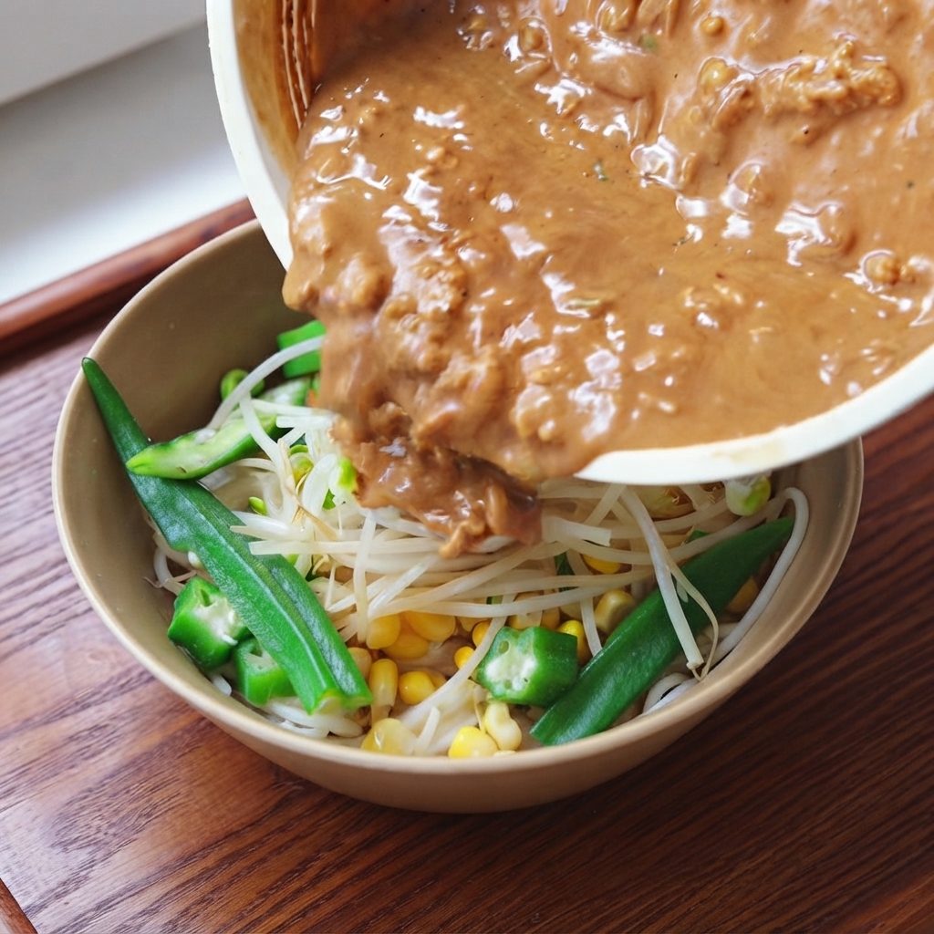 Rich brown meat sauce being poured from a bowl onto a serving bowl filled with white noodles, green bean sprouts, yellow corn, and bright green okra.