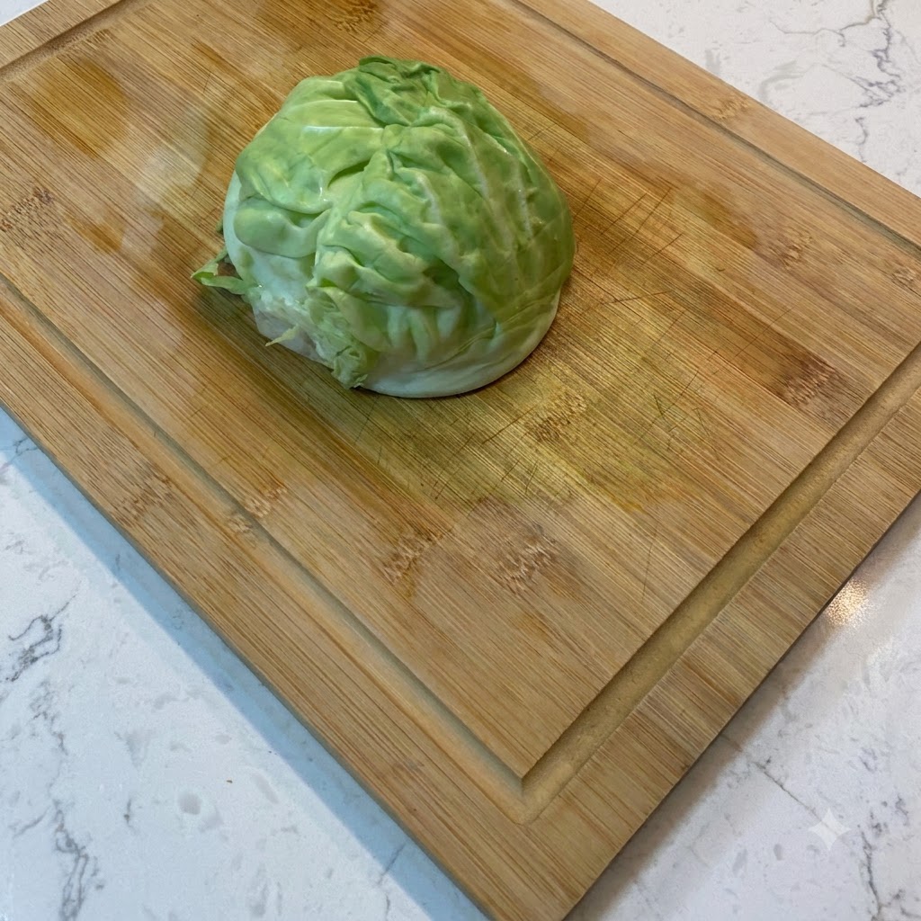 Fresh cabbage being sliced into fine shreds on a wooden cutting board.