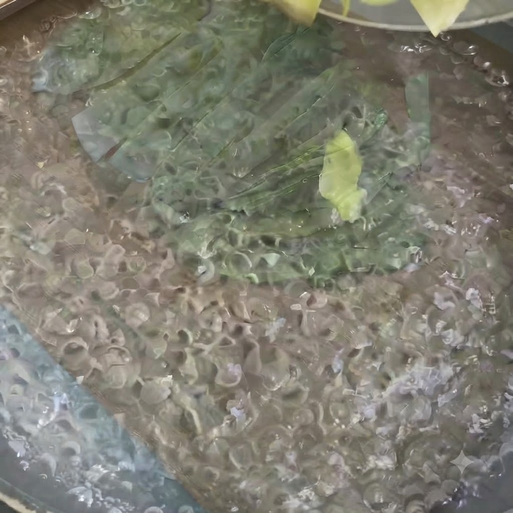 Shredded cabbage and radish boiling in a pot of water.