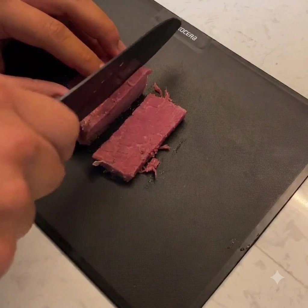 Cured beef being cut into thin slices on a black cutting board.