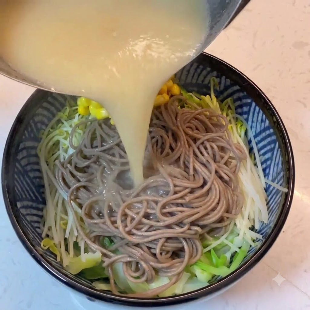 Hot white miso broth and yellow corn kernels being poured from a pot into a bowl of noodles and vegetables.